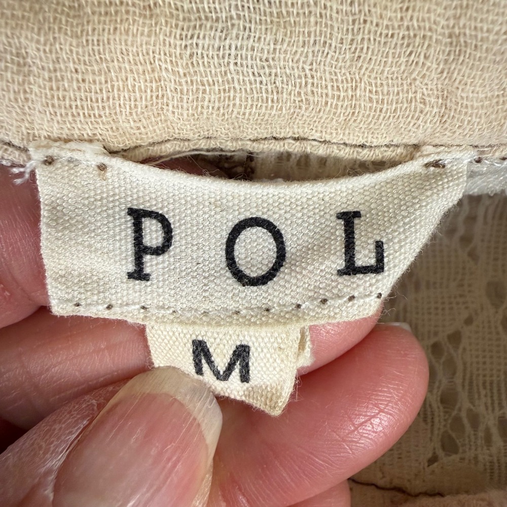 POL Womens Tan Lace Mixed Media Button Down Shirt Oversized Raw Hem M - Picture 5 of 10